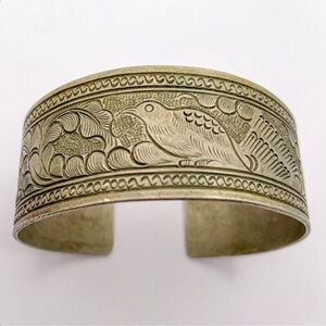 Vintage Matte Brass Tone Cuff Bangle Bracelet with Etched Bird Motif
